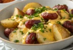 One-pan cheesy ranch potatoes with sliced smoked sausage and herbs