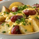 One-pan cheesy ranch potatoes with sliced smoked sausage and herbs