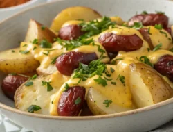 One-pan cheesy ranch potatoes with sliced smoked sausage and herbs
