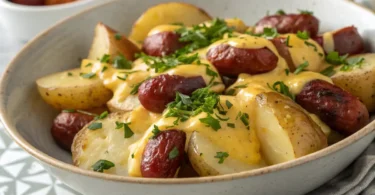 One-pan cheesy ranch potatoes with sliced smoked sausage and herbs