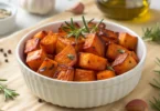 Garlic Roasted Sweet Potatoes in a bowl with rosemary garnish