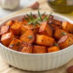 Garlic Roasted Sweet Potatoes in a bowl with rosemary garnish