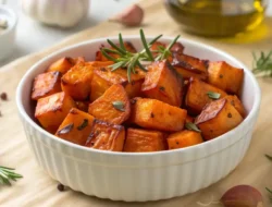Garlic Roasted Sweet Potatoes in a bowl with rosemary garnish