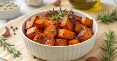 Garlic Roasted Sweet Potatoes in a bowl with rosemary garnish