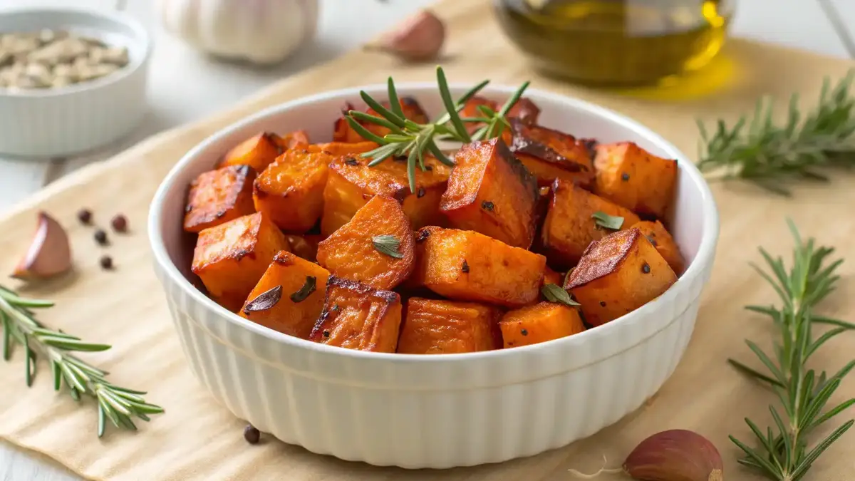 Garlic Roasted Sweet Potatoes in a bowl with rosemary garnish