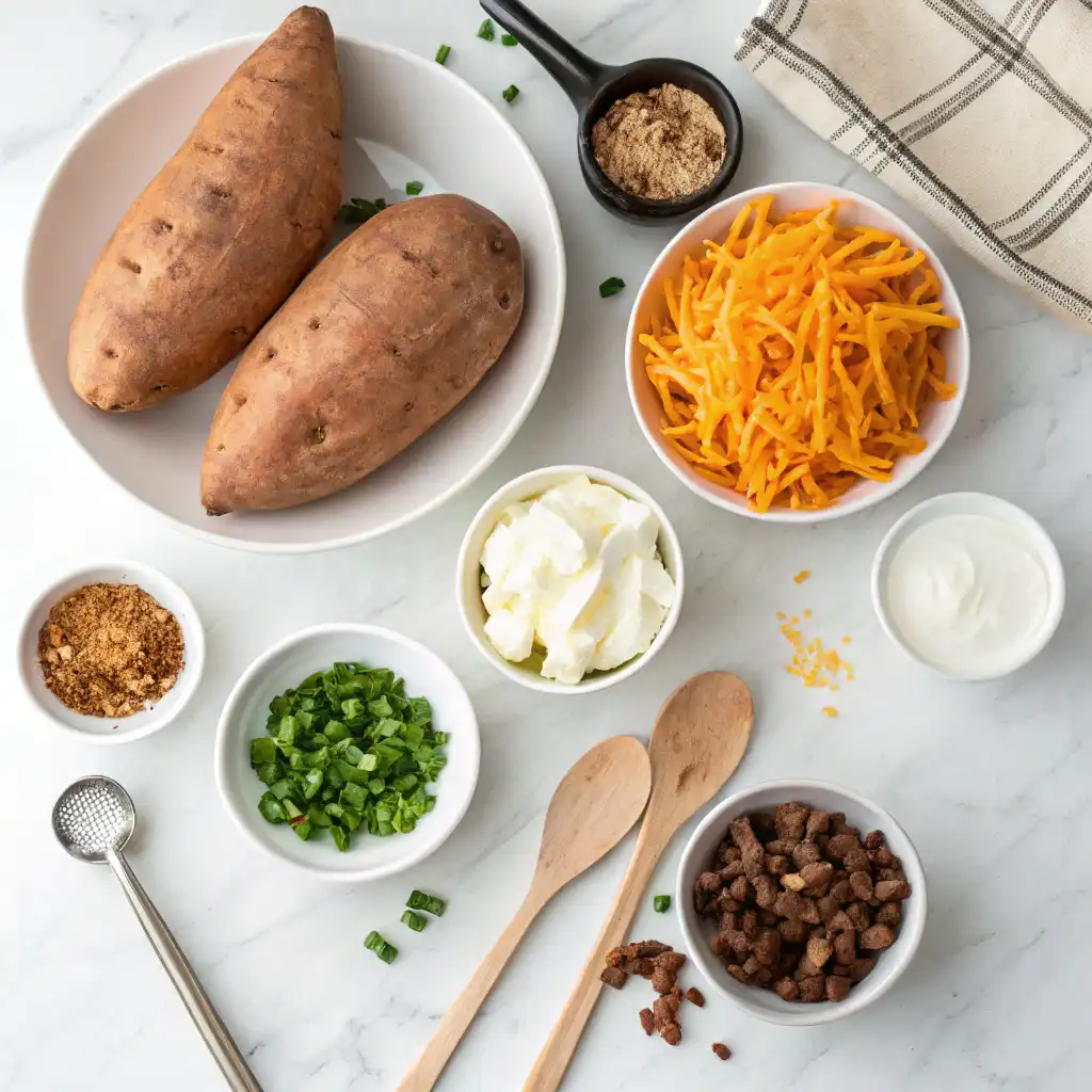 Holiday-style Twice Baked Sweet Potatoes with bacon bits and melted cheese served on a festive platter.