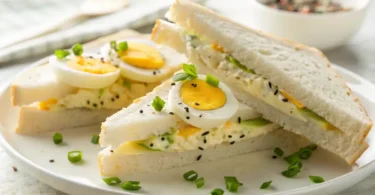 Homemade Japanese egg sandwich served on crustless shokupan bread