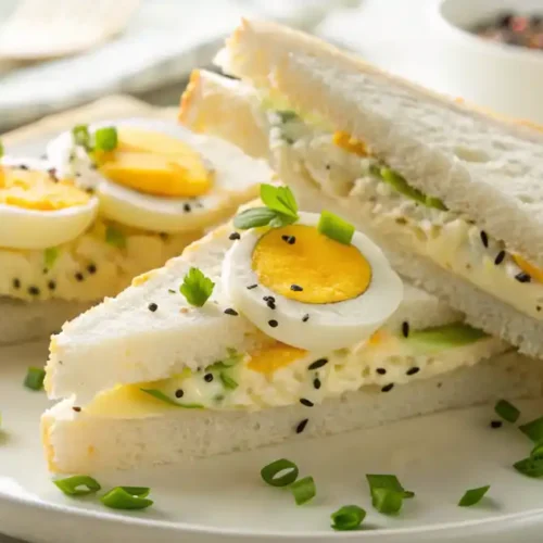 Homemade Japanese egg sandwich served on crustless shokupan bread