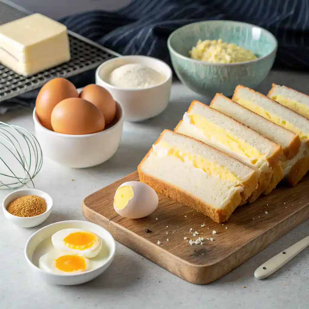 Soft and fluffy Japanese egg sandwich with creamy Kewpie mayo filling