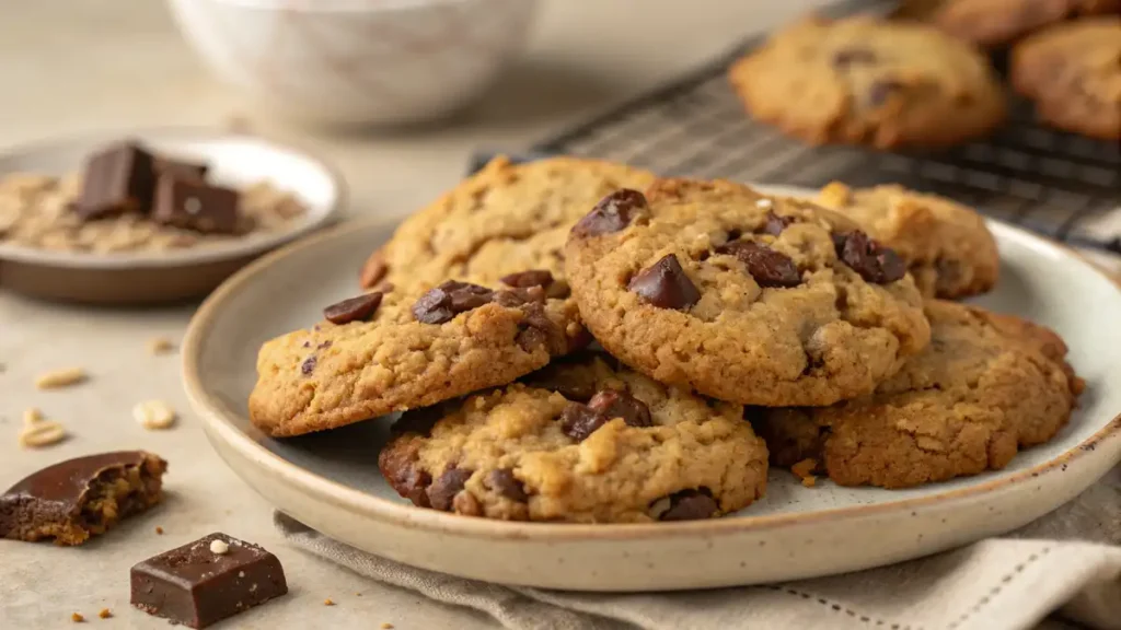 Freshly baked Oatmeal Chocolate Chip Cookies cooling on a wire rack, golden and chewy