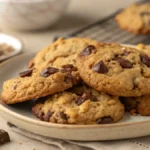 Freshly baked Oatmeal Chocolate Chip Cookies cooling on a wire rack, golden and chewy