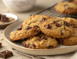 Freshly baked Oatmeal Chocolate Chip Cookies cooling on a wire rack, golden and chewy