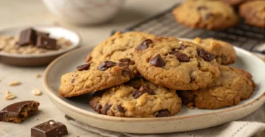 Freshly baked Oatmeal Chocolate Chip Cookies cooling on a wire rack, golden and chewy