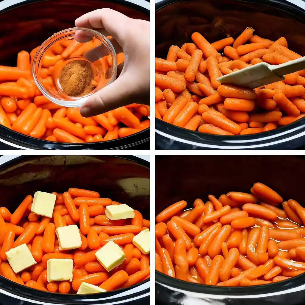 Slow Cooker Maple Brown Sugar Glazed Carrots in a white serving dish