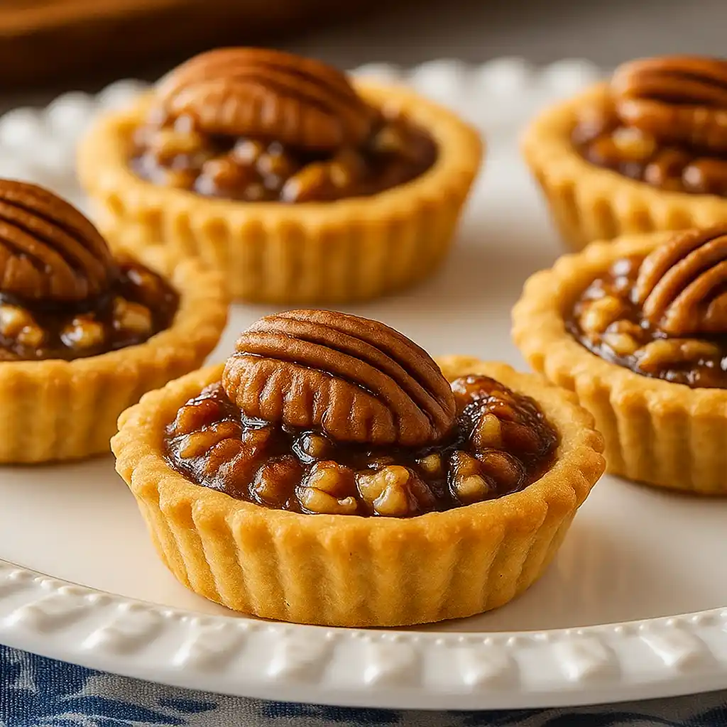 Close-up of brown sugar, corn syrup, egg, and chopped pecans displayed on a rustic table for a Sweet Pecan Tassies recipe.