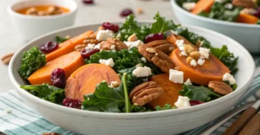 Golden roasted sweet potato cubes ready to be added to a healthy kale salad