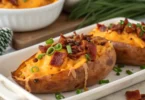 Creamy filling inside Twice Baked Sweet Potatoes showing melted cheese and fresh herbs.