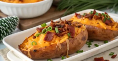 Creamy filling inside Twice Baked Sweet Potatoes showing melted cheese and fresh herbs.