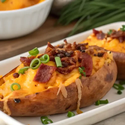 Creamy filling inside Twice Baked Sweet Potatoes showing melted cheese and fresh herbs.