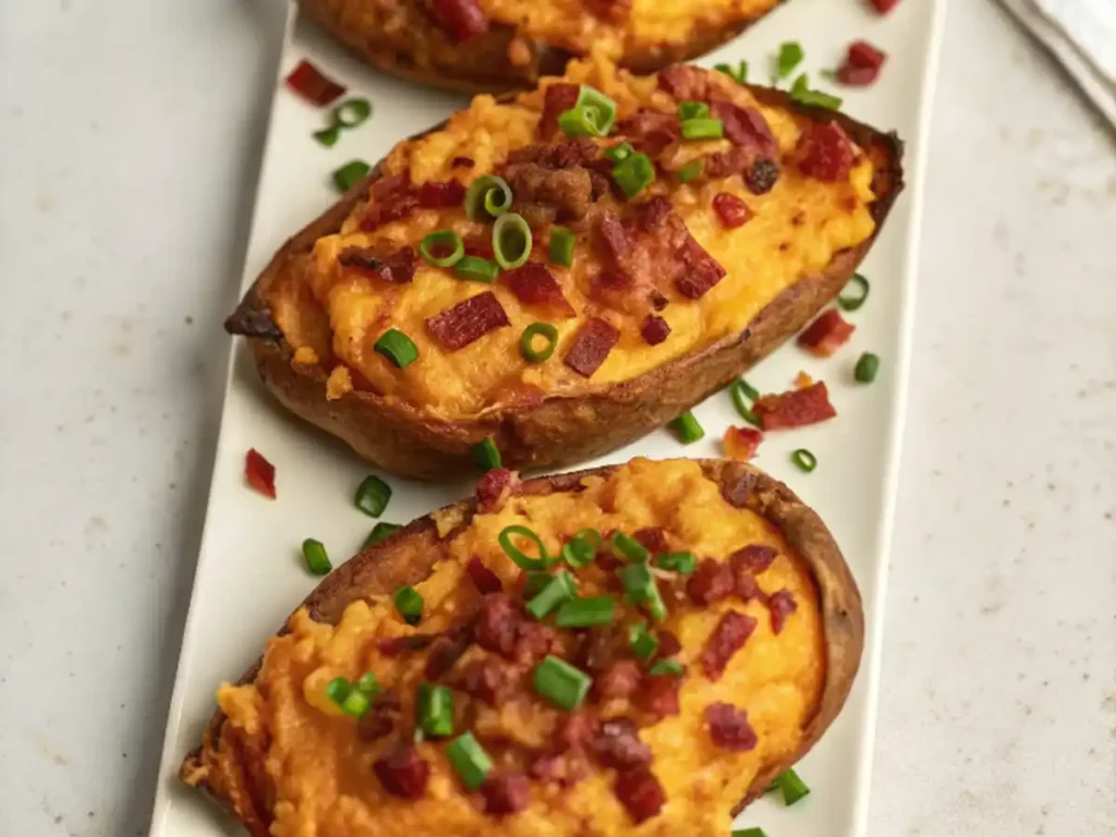 Sweet dessert version of Twice Baked Sweet Potatoes with toasted marshmallows, cinnamon, and pecans.