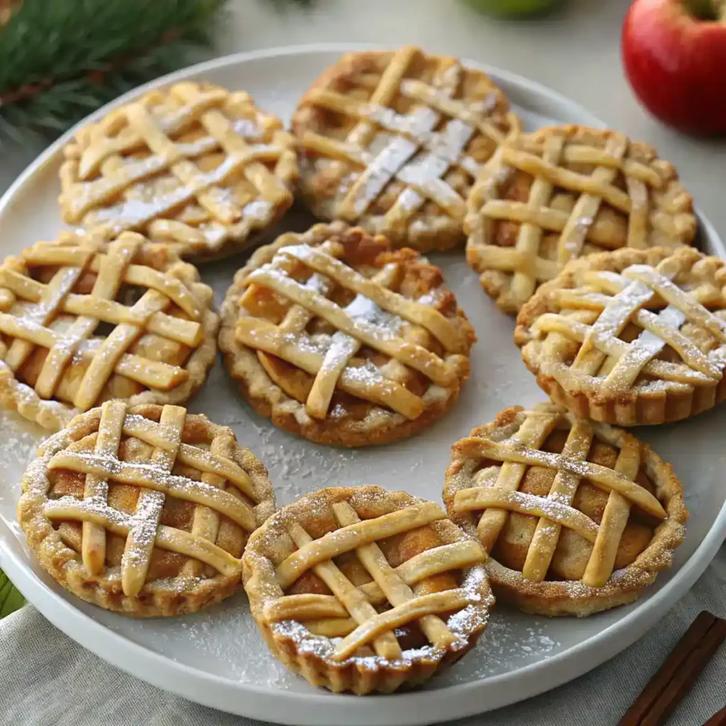 Stack of homemade Apple Pie Cookies recipe with caramel drizzle and apple slices on top.