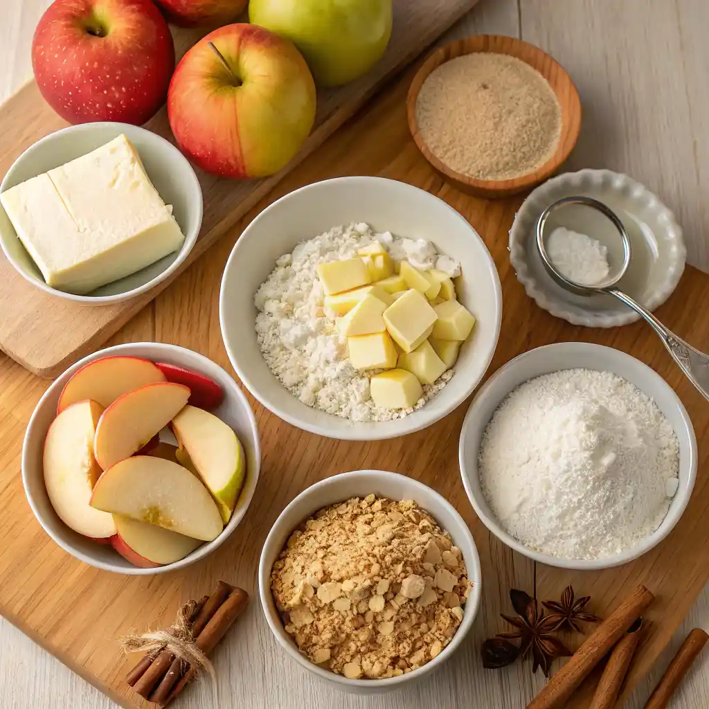 Ingredients for Apple Pie Cookies recipe including fresh apples, cinnamon, sugar, and cookie dough on a wooden table.