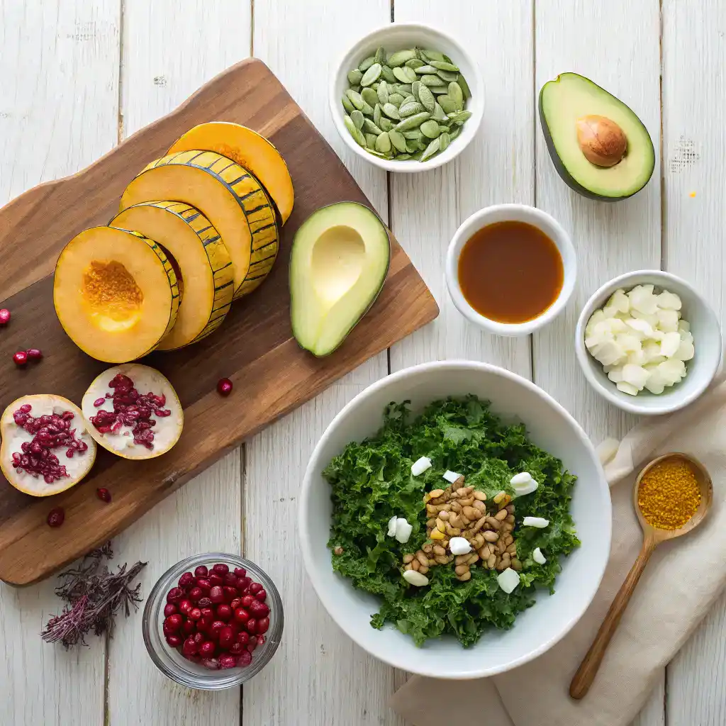 Ingredients for Autumn Delicata Squash Salad: squash, kale, avocado, pumpkin seeds