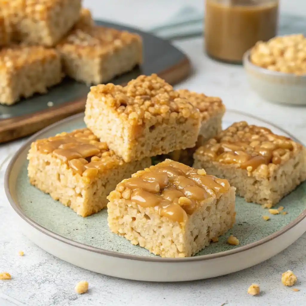 Freshly cut Brown Butter Rice Crispy Treats squares ready to serve