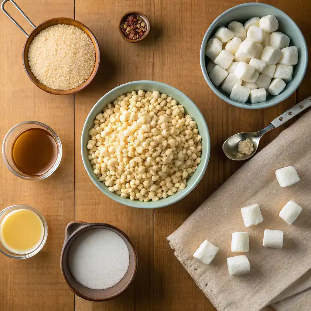 Ingredients for making Brown Butter Rice Crispy Treats displayed on a kitchen counter
