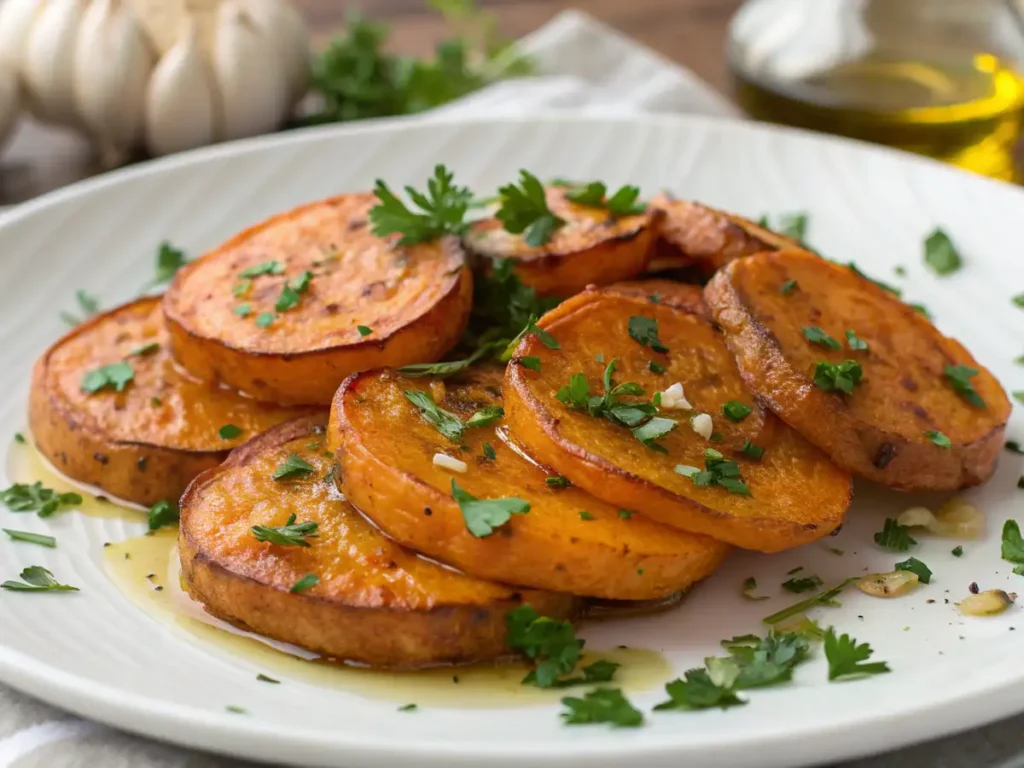 Golden Garlic Roasted Sweet Potatoes with caramelized garlic and herbs.