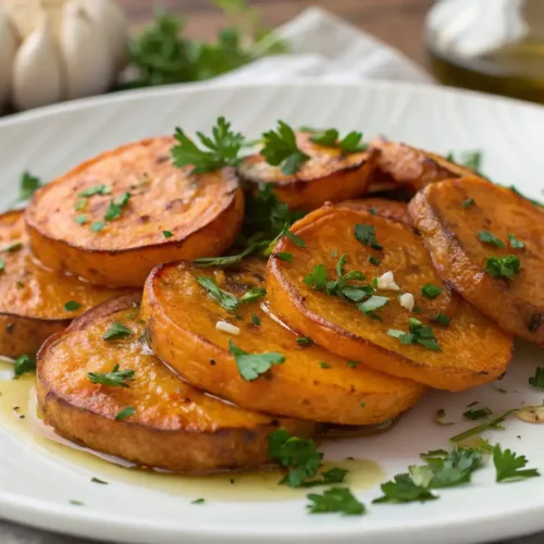 Golden Garlic Roasted Sweet Potatoes with caramelized garlic and herbs.