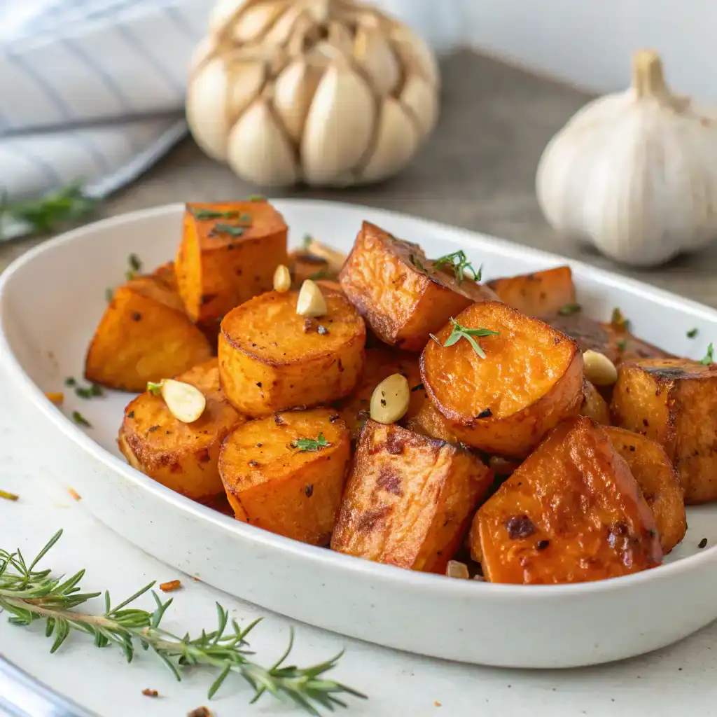 Cubed Garlic Roasted Sweet Potatoes plated with fresh rosemary sprigs