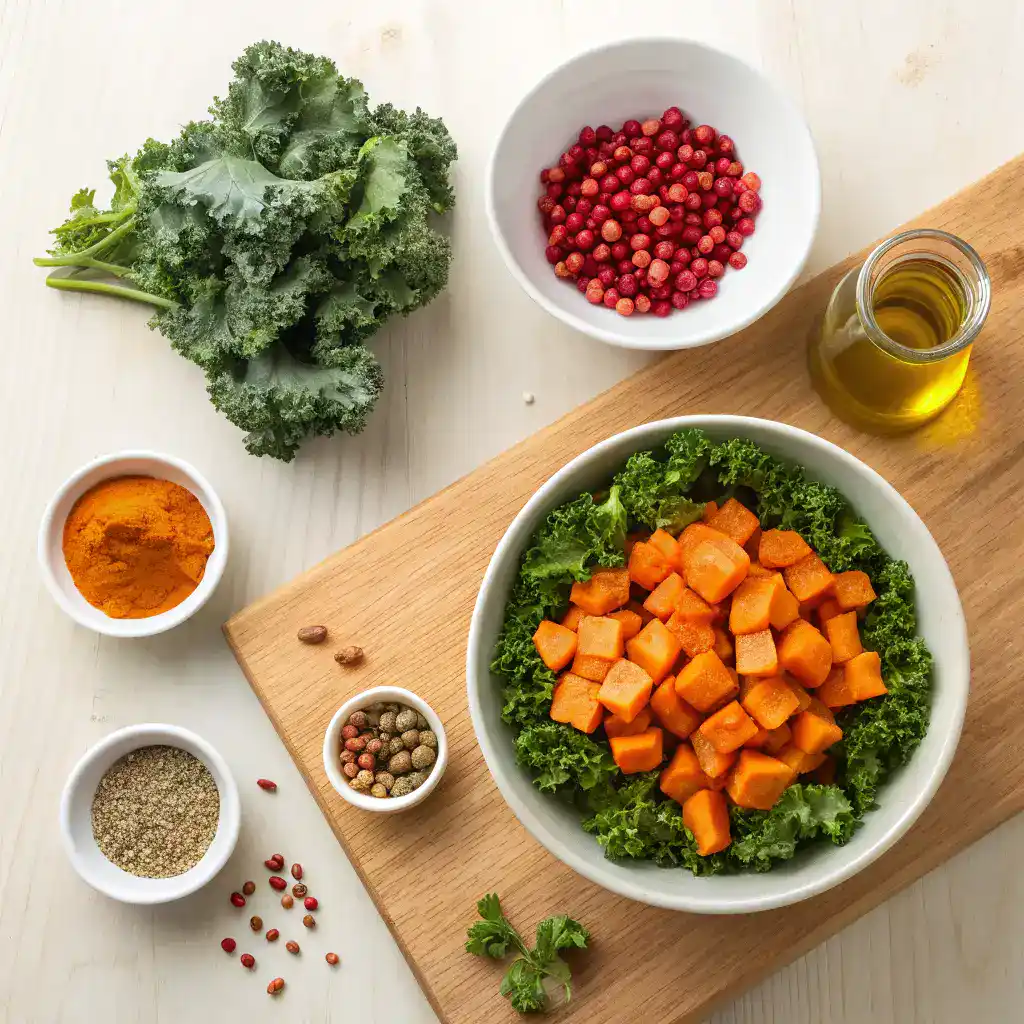 Chopped kale with vibrant red pomegranate arils and crunchy pumpkin seeds, prepared for salad assembly.