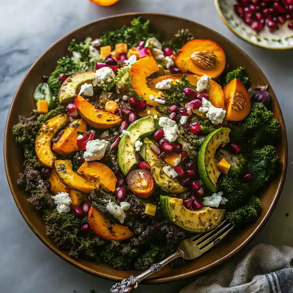 Chopped kale, avocado slices, and pomegranate arils for squash salad