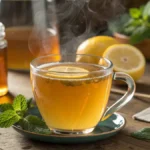 Close-up of a steaming glass of medicine ball tea with lemon and mint, highlighting its warm golden color.