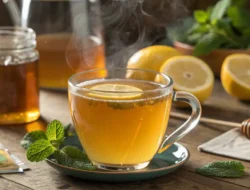 Close-up of a steaming glass of medicine ball tea with lemon and mint, highlighting its warm golden color.