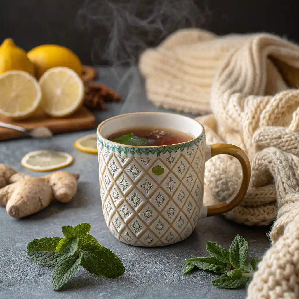 Homemade medicine ball tea served in a glass mug with fresh lemon and mint garnish on a wooden table.