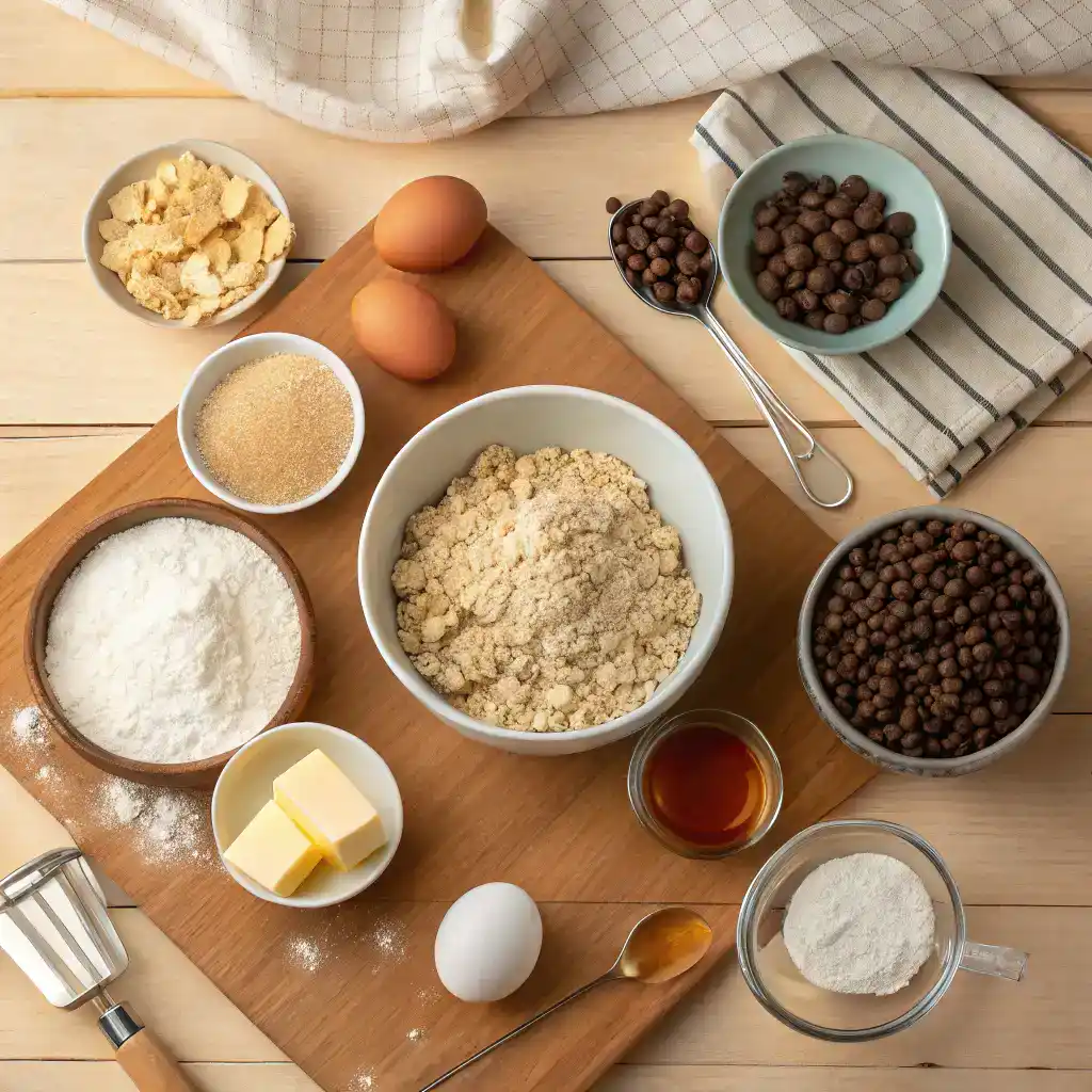 Ingredients for making Oatmeal Chocolate Chip Cookies displayed on a kitchen counter