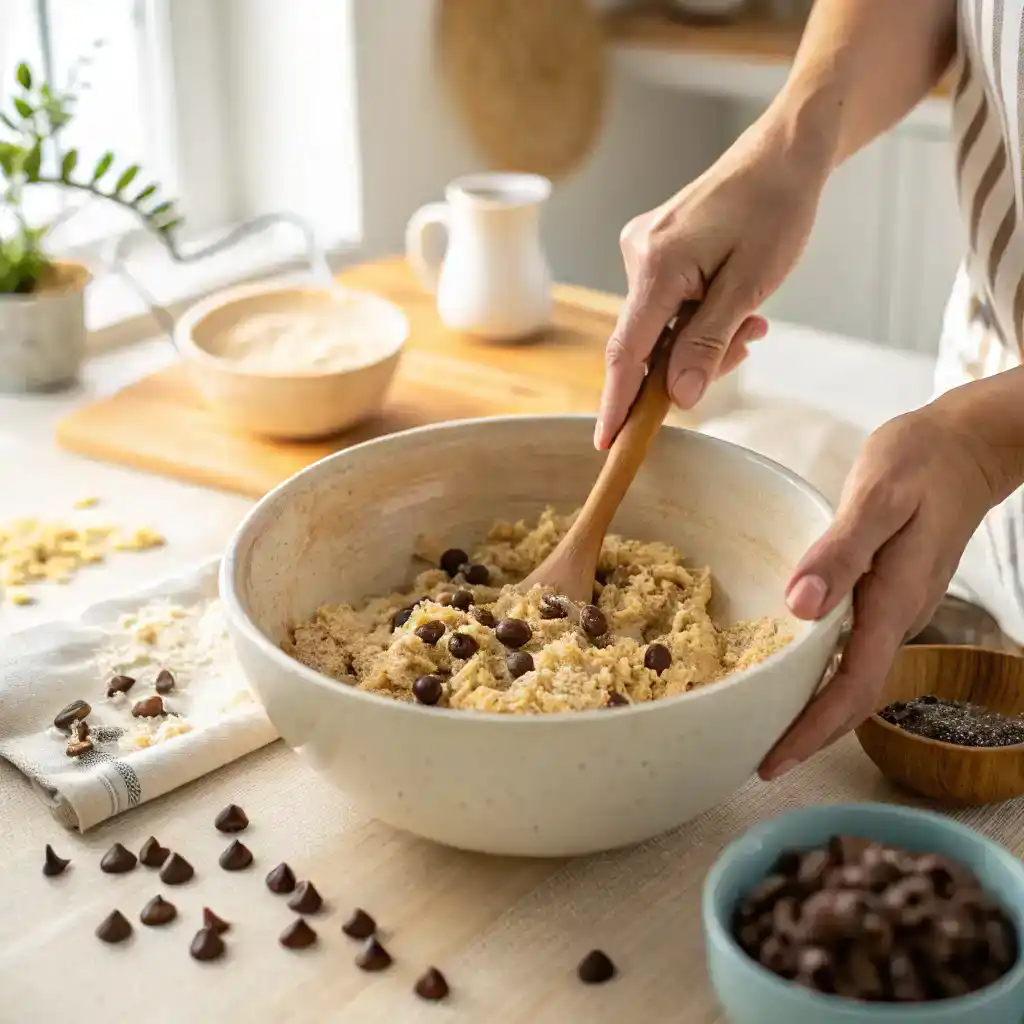 Mixing dough for Oatmeal Chocolate Chip Cookies in a large bowl with a wooden spoon