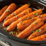 Carrots cooked with maple and brown sugar in a slow cooker, garnished with herbs.
