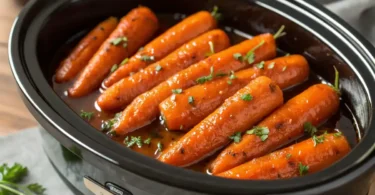 Carrots cooked with maple and brown sugar in a slow cooker, garnished with herbs.