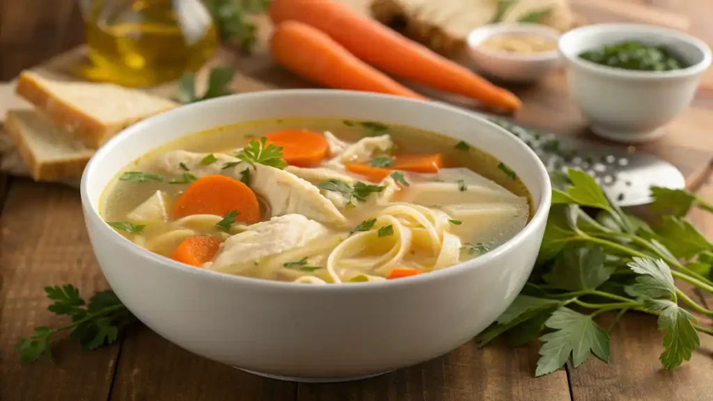 All ingredients for Healing Chicken Soup neatly arranged including chicken, vegetables, herbs, broth, and noodles