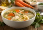 All ingredients for Healing Chicken Soup neatly arranged including chicken, vegetables, herbs, broth, and noodles