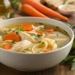 All ingredients for Healing Chicken Soup neatly arranged including chicken, vegetables, herbs, broth, and noodles