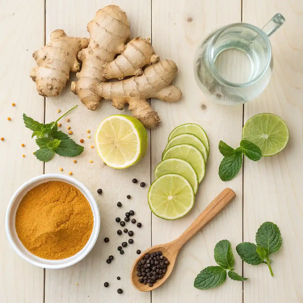 Ingredients for homemade ginger drink including fresh ginger, honey, and lime on a wooden surface.