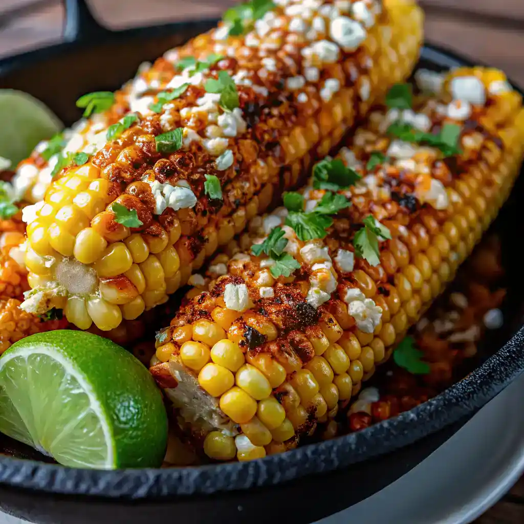 A rustic bowl filled with creamy Mexican street corn topped with cotija cheese, chili powder, and fresh cilantro.