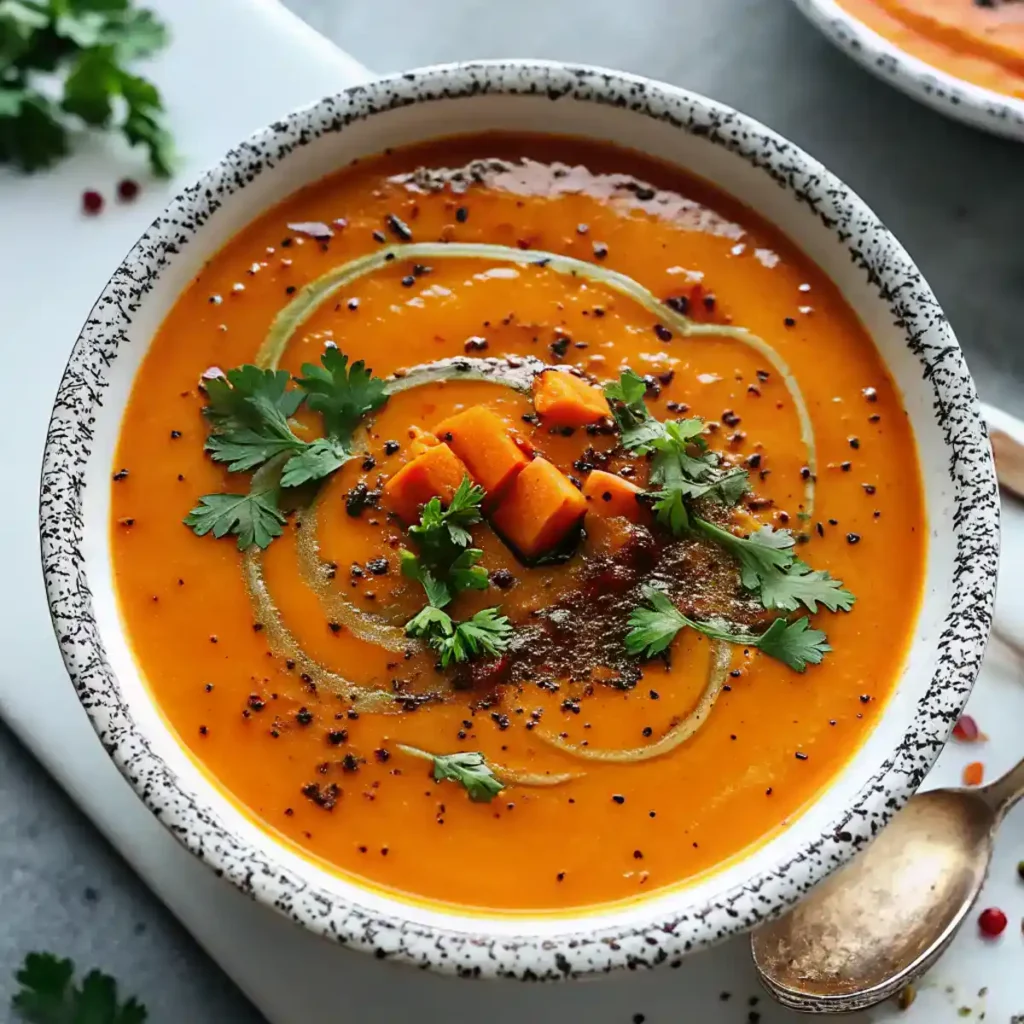 Creamy Spicy Butternut Squash and Sweet Potato soup served warm with fresh herbs.
