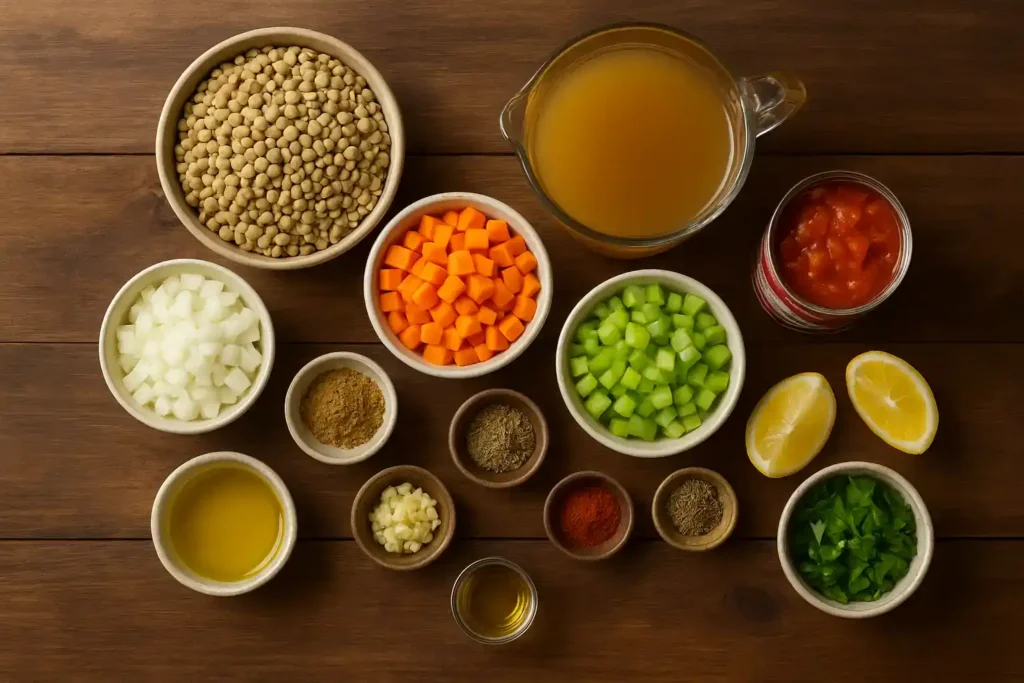Fresh ingredients for easy lentil soup recipe including dried lentils, onions, carrots, celery, garlic, and spices on a kitchen counter