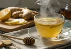Classic ginger drink made with fresh ginger, honey, and lemon served warm in a clear glass.
