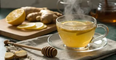 Classic ginger drink made with fresh ginger, honey, and lemon served warm in a clear glass.